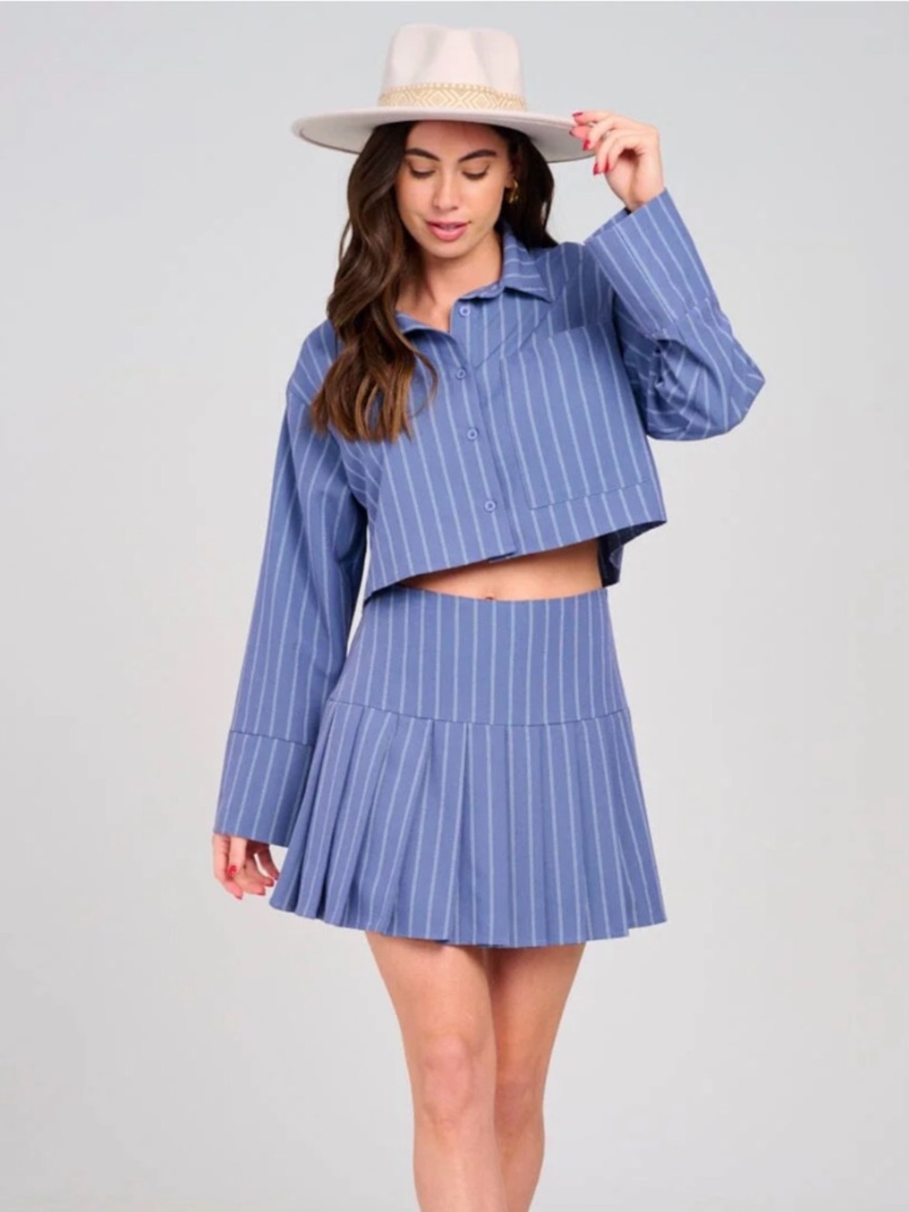 A405 Striped Blue Button Down Shirt & Pleated Mini Skirt